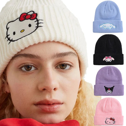 Hot Sale Saniro Hello Kitty Beanie Hat Women Cute Cartoon Cinnamoroll Melody Kuromi Winter Knitted Cap