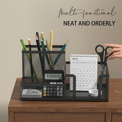 Mesh Desk Organizer Office Supplies Caddy with Pencil Holder and Storage Baskets for Desktop Accessories, 3 Compartments, Black
