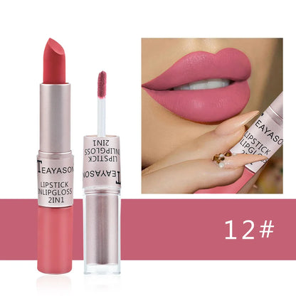 Lápiz labial mate aterciopelado de larga duración, brillo labial de doble cabezal, taza antiadherente, brillo labial, tinte voluminizador, lápiz labial resistente al agua, maquillaje