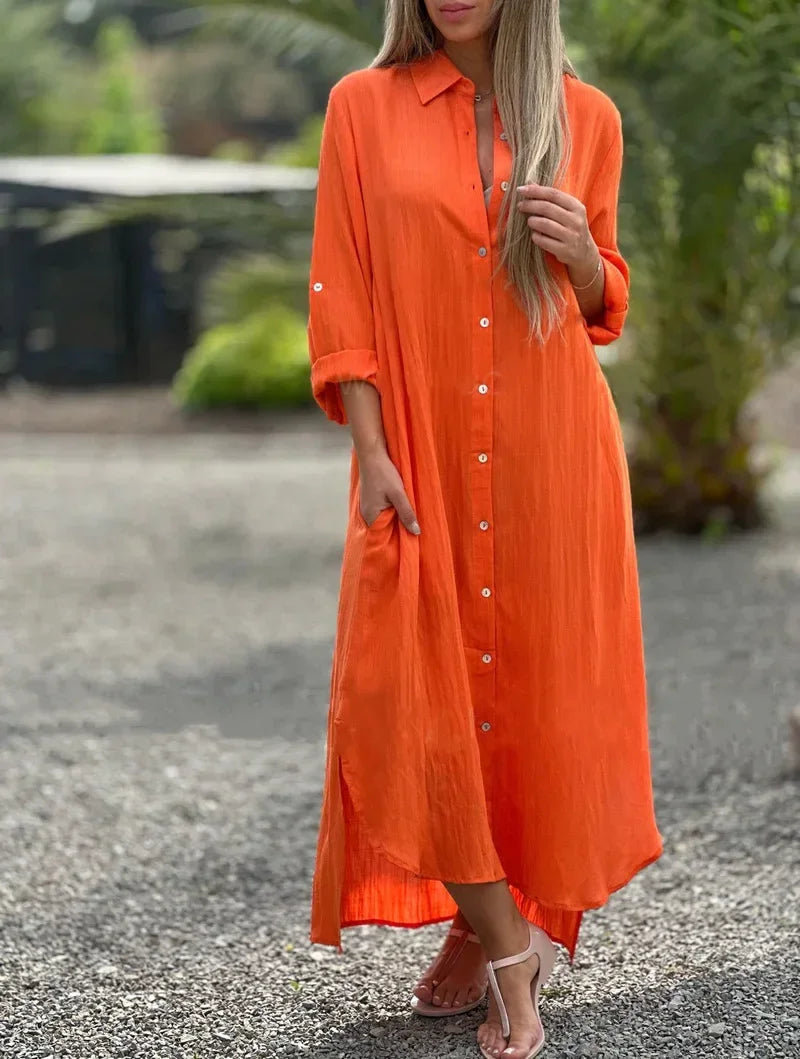 Vestido longo de algodão e cânhamo feminino, camisa elegante, manga longa casual, estilo praia, plus size, verão, novo
