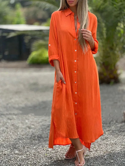 Vestido longo de algodão e cânhamo feminino, camisa elegante, manga longa casual, estilo praia, plus size, verão, novo