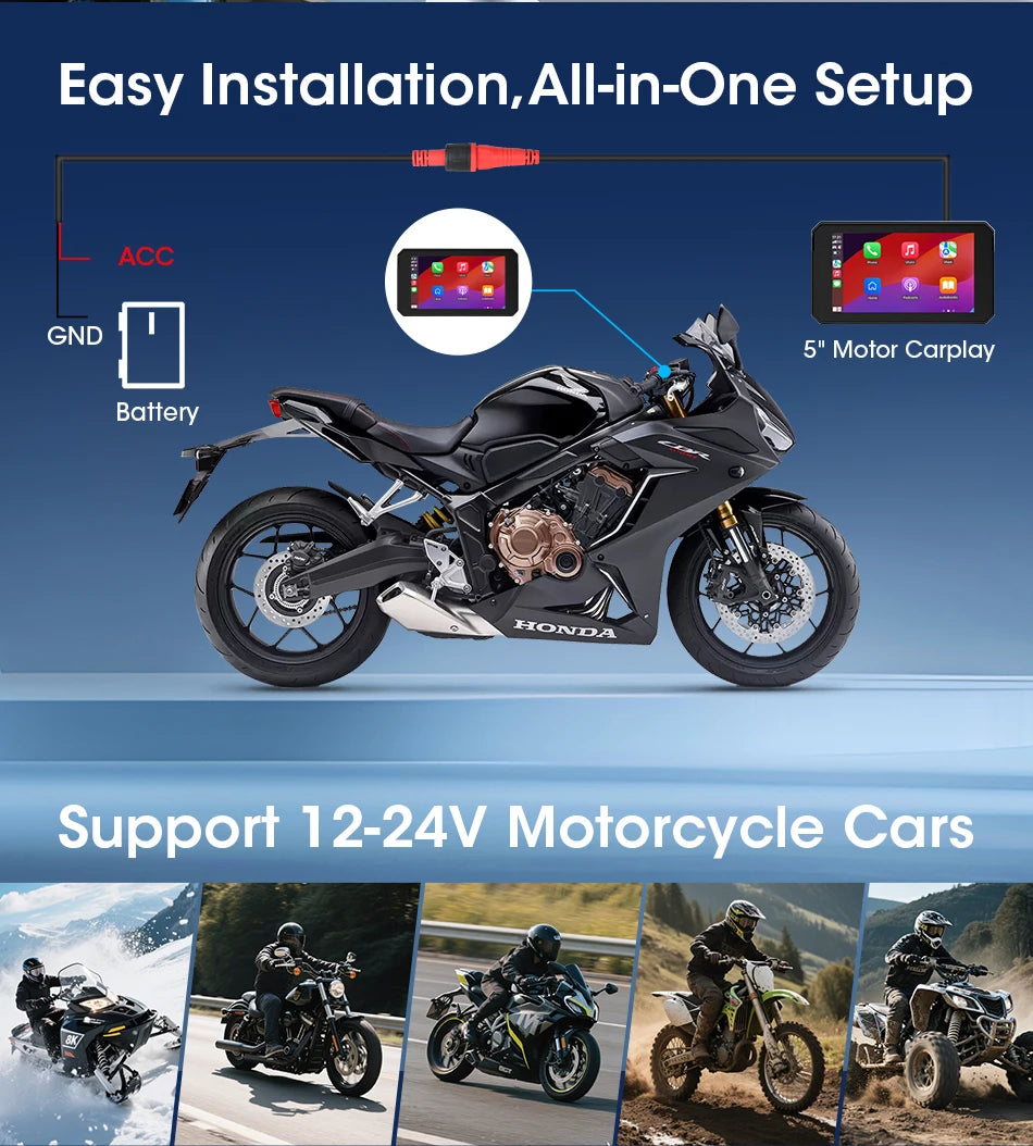 5" Portable Motorcycle Navigation GPS Wireless Carplay&Android Auto Moto Monitor IPX7 Waterproof Display Dual Bluetooth 5.0