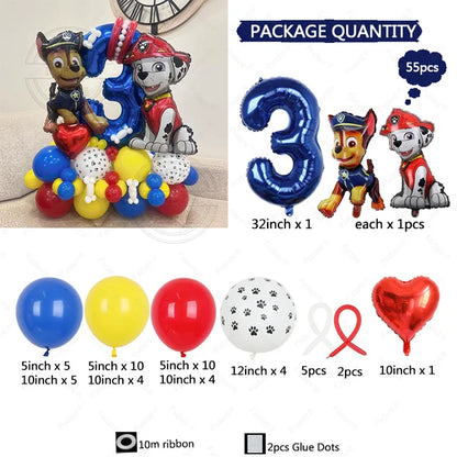 Globos de látex de la Patrulla Canina para niño, estampado de huella de perro, decoración para fiesta de cumpleaños, número azul, 55 unidades 
