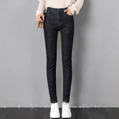 2023 Mujeres Jeans Térmicos Invierno Nieve Cálido Felpa Elástico Jeans Señora Skinny Espesar Polar Denim Pantalones Largos Retro Lápiz Pantalones