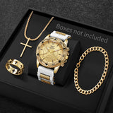 4PCS Fashion Arabic Dial Men Business Quartz Watch CasuSilicone Strap Wristwatch With Necklace Set Reloj Hombre (Without Box)