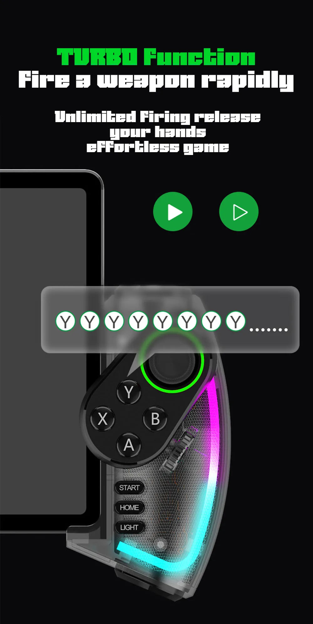 Mando Bluetooth Ipega PG-9777S para Nintendo Switch, Android, iOS, iPad y PC con luz RGB, vibración lineal y control extensible.