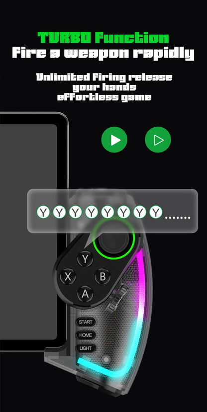 Mando Bluetooth Ipega PG-9777S para Nintendo Switch, Android, iOS, iPad y PC con luz RGB, vibración lineal y control extensible.