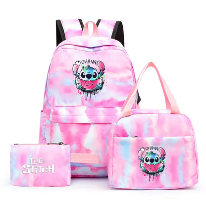 3pcs Disney Lilo Stitch Colorful Backpack with Lunch Bag for Women Student Teenagers Rucksack Casual School Bags Sets