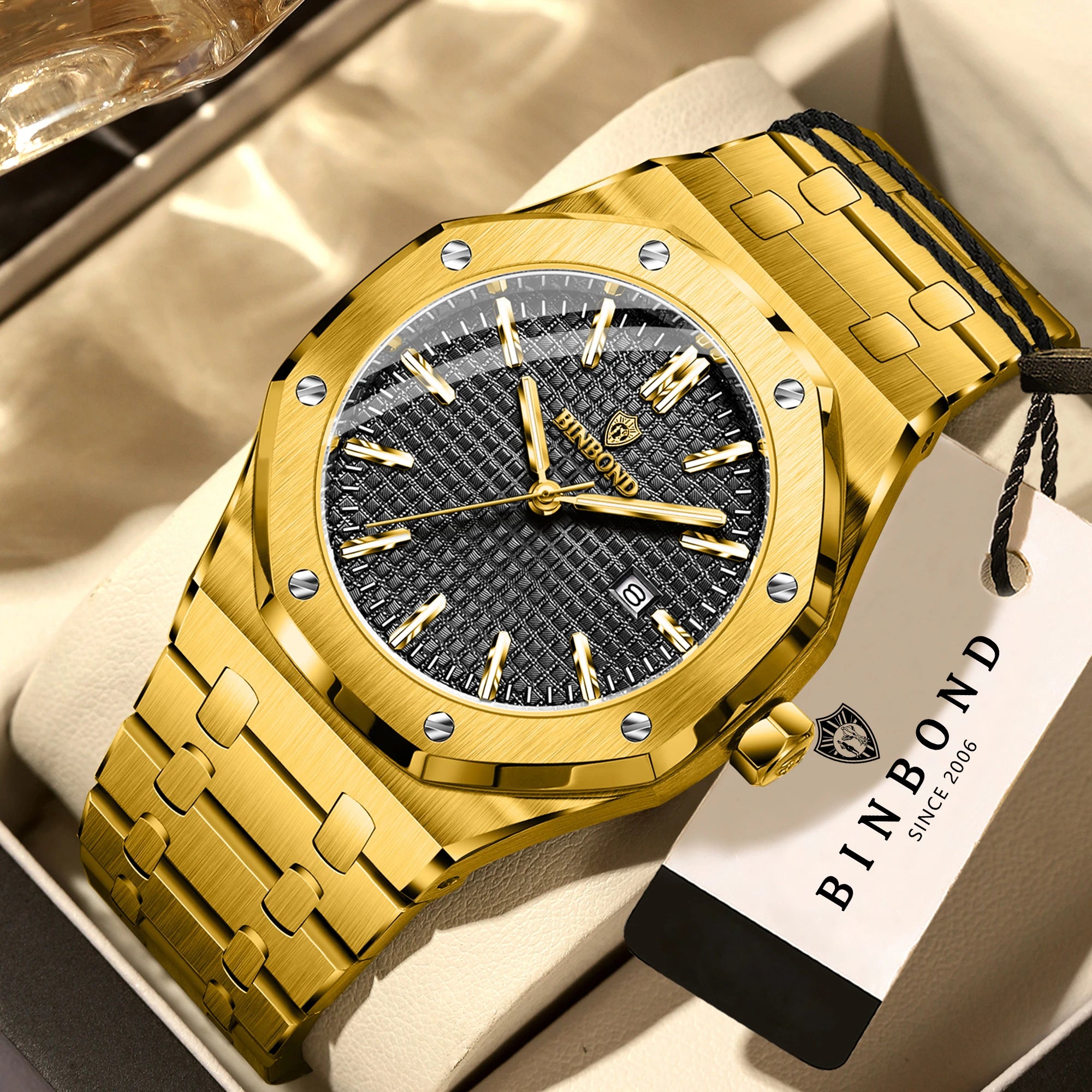 BINBOND Sturdy Stainless Steel Strap Quartz Wristwatches for Men Luxury Luminous Waterproof Auto Date Accurate Men's Watch Reloj