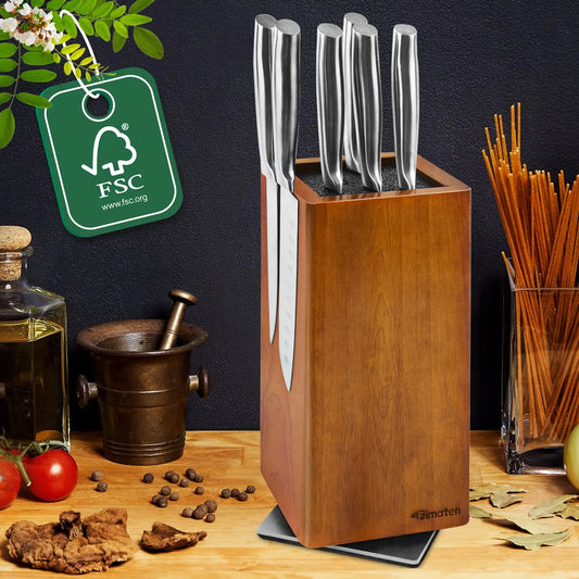 Soporte magnético giratorio de madera para cuchillos, bloque de cuchillos giratorio de 360° para almacenamiento de cuchillos de cocina con almohadilla antideslizante, tabla de madera para cuchillos.