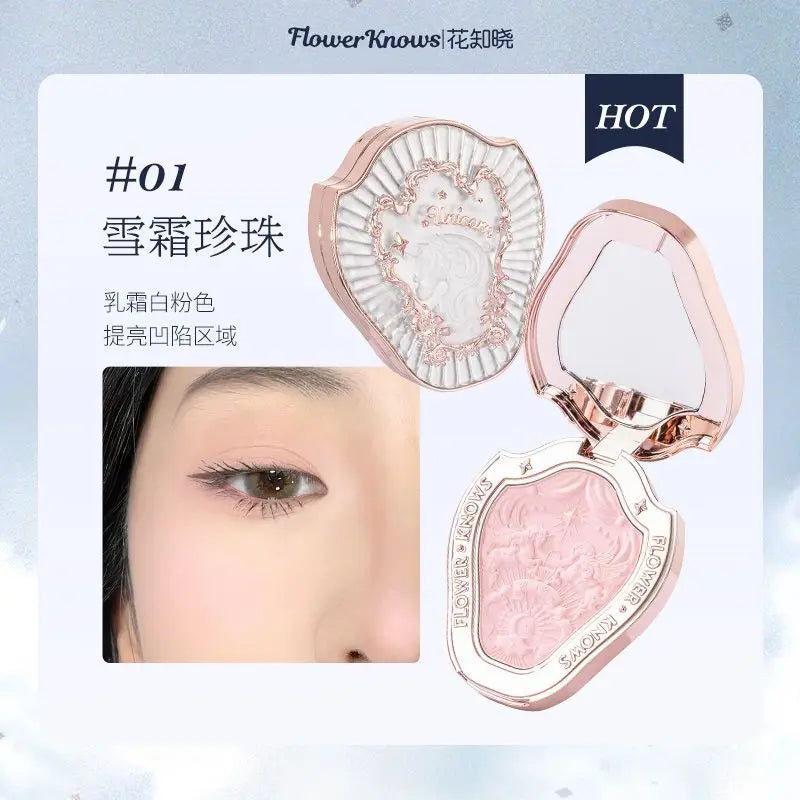 Paleta de rubor con relieve Unicorn de Flower Knows, de larga duración y fácil de aplicar, mate, natural, iluminador, rubor voluminoso, maquillaje.