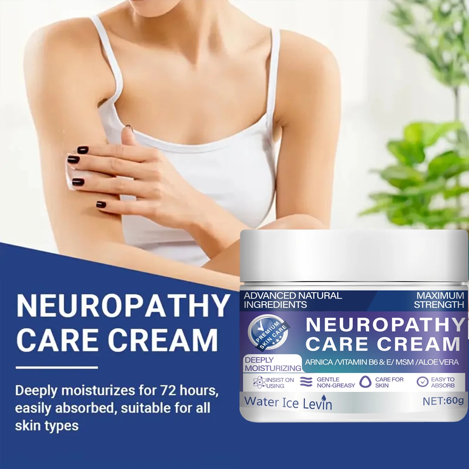 Water Ice Levin Maximum Strength Neuropathy Cream - with Natural Ingredients (Arnica, Msm, Aloe) for Intensive 72-Hour Hydration