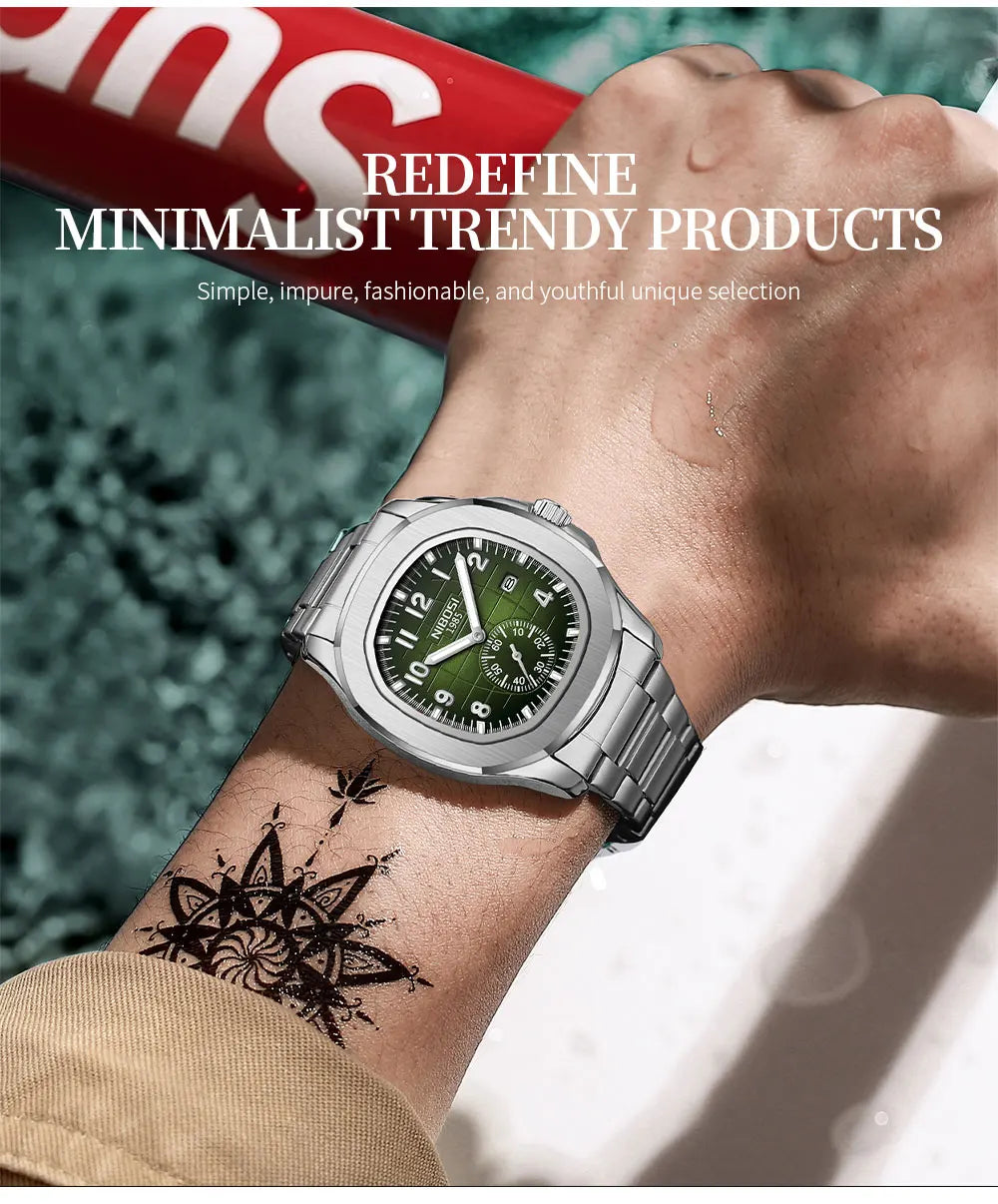 NIBOSI Luxury Men‘s Watches Business Waterproof Male Clock Luminous Silicone Band Date Square Quartz Man Watches Reloj Hombre