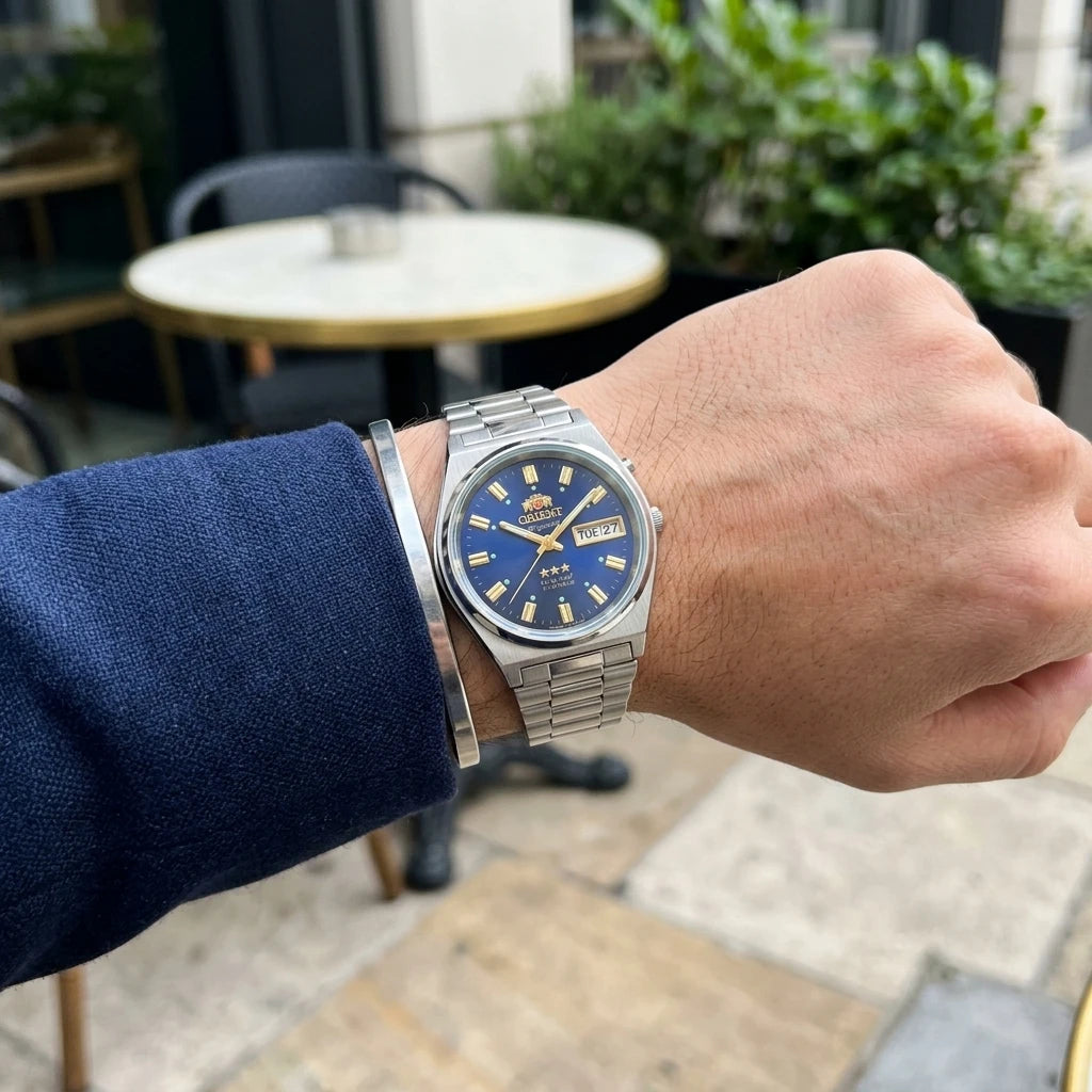 Relógio masculino automático vintage 36mm mostrador champagne em aço inox