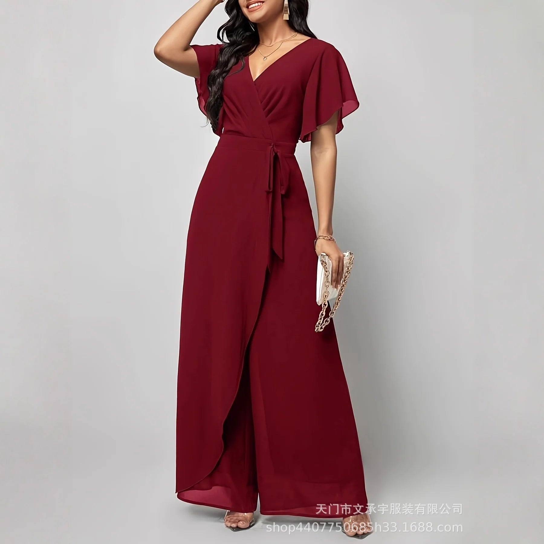 Women's New Solid V Neck Flutter Sleeve Tie Waist Split Wide Leg Jumpsuit Elegant Slimming Versatile Party Daily Casual Jumpsuit