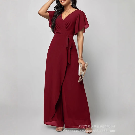 Women's New Solid V Neck Flutter Sleeve Tie Waist Split Wide Leg Jumpsuit Elegant Slimming Versatile Party Daily Casual Jumpsuit