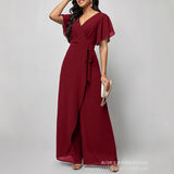 Women's New Solid V Neck Flutter Sleeve Tie Waist Split Wide Leg Jumpsuit Elegant Slimming Versatile Party Daily Casual Jumpsuit