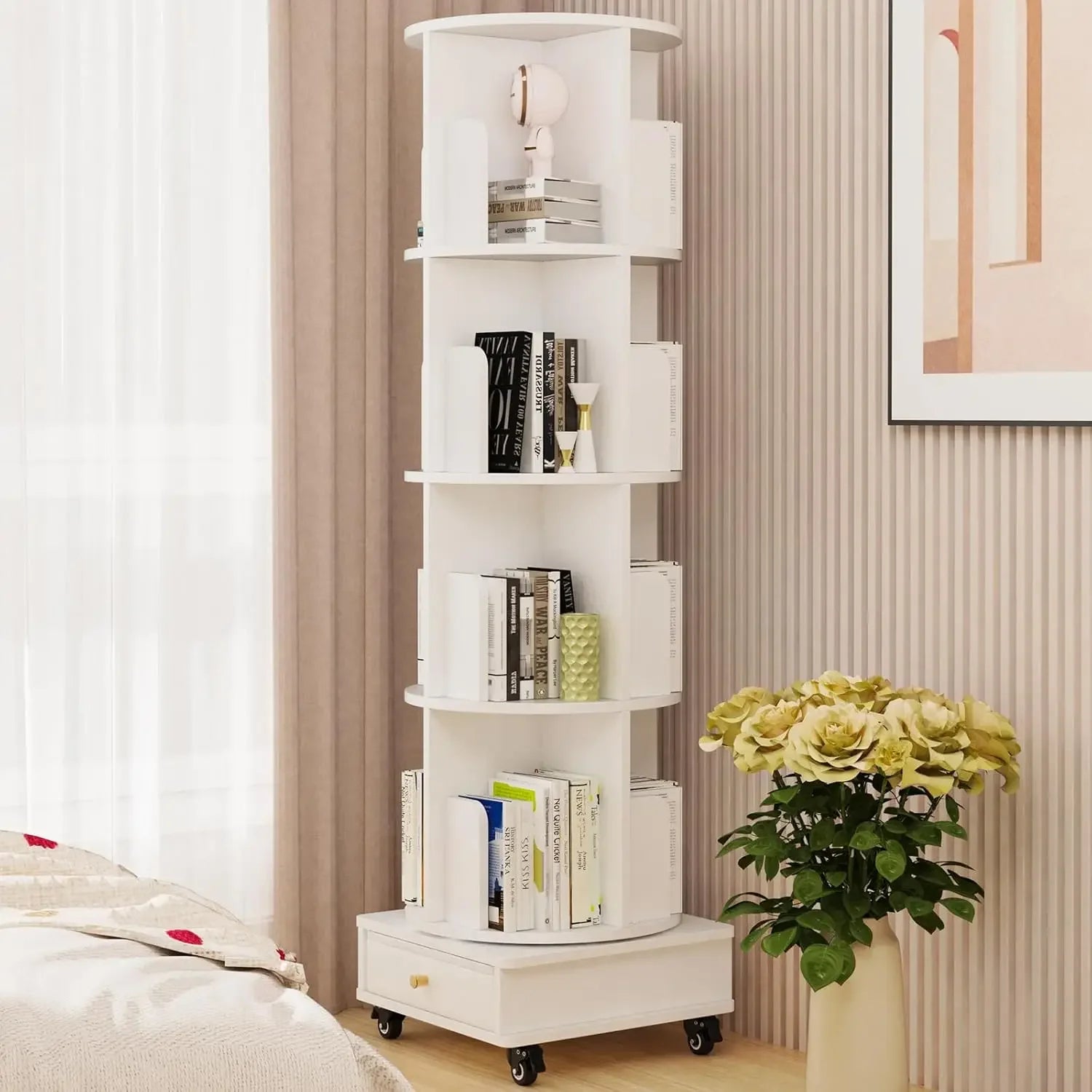Wooden 4-layer Corner Bookshelf Can Rotating Movable Bookshelf With Single Drawer/Wheels/Storage Shelf For Study/Bedroom/Home