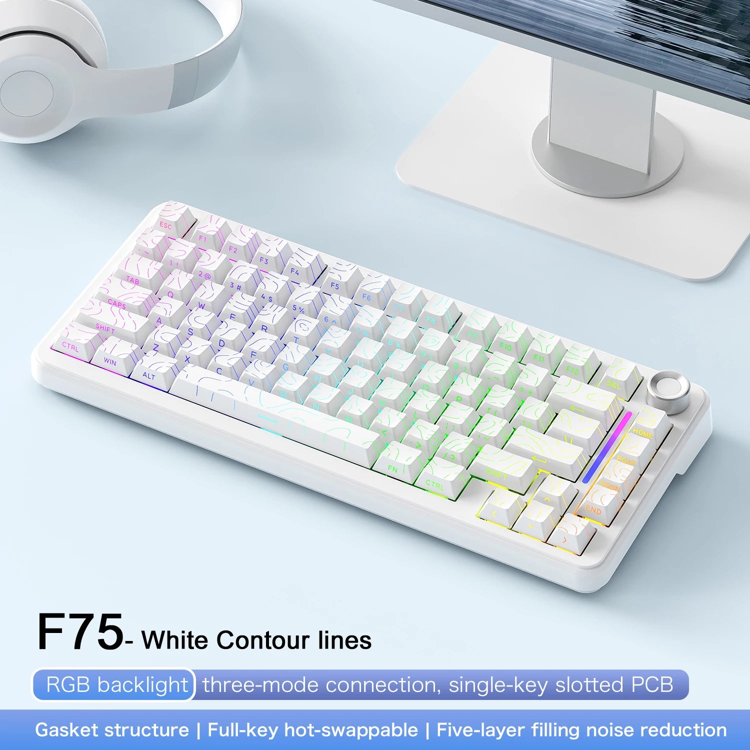 75% Hot-Swap Gaming Keyboard, Wireless FREEWOL F75 RGB Mechanical Keyboard with Metal Knobs, AULA F75 Same Model, Tri-Mode, 4000 mAh