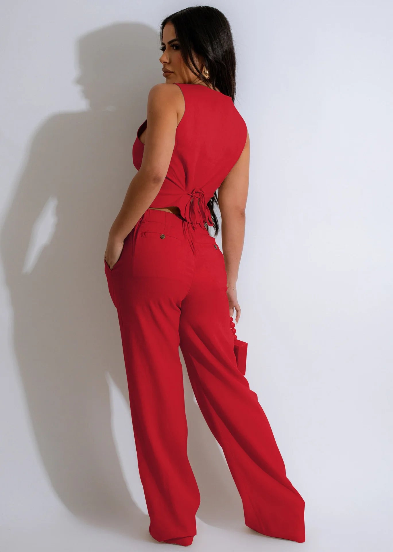 Fashion Sleeveless Vest Pants Women's Solid Color Suit Spring Summer V-Neck Ultra Short Top + Slim Pants Female Office 2 Piece Set