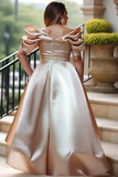 Plus Size Satin Evening Dress for Women's Off Shoulder Puff Sleeve Solid Elegant Cocktail Wedding Guest Maxi Dresses