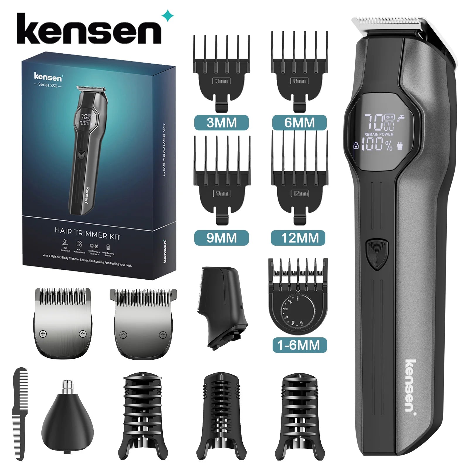 Kensen S30 4-in-1 Cordless Hair Clipper LED Display Men's Beard/Nose Trimmer Rechargeable Barber Grooming Kit Hair Cutting Machine