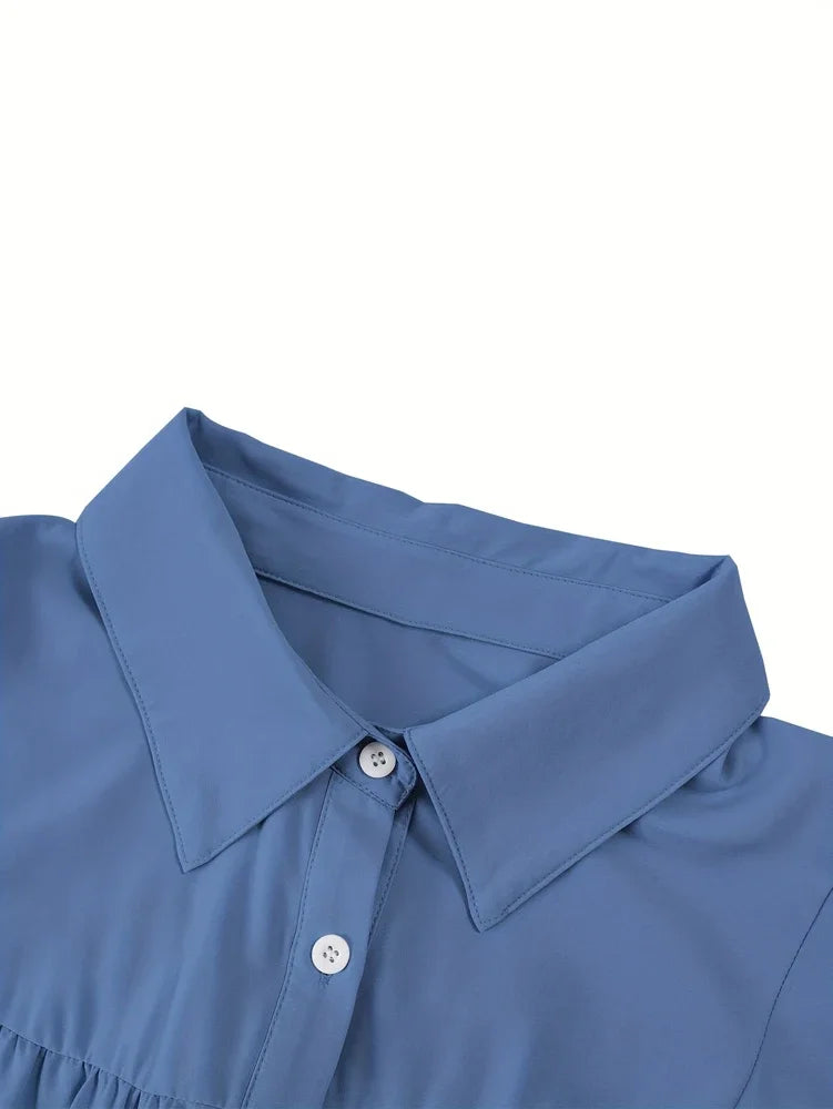 Plus size feminino frente aberta botão lanterna manga camisa casual cor sólida peplum colarinho camisa roupas femininas