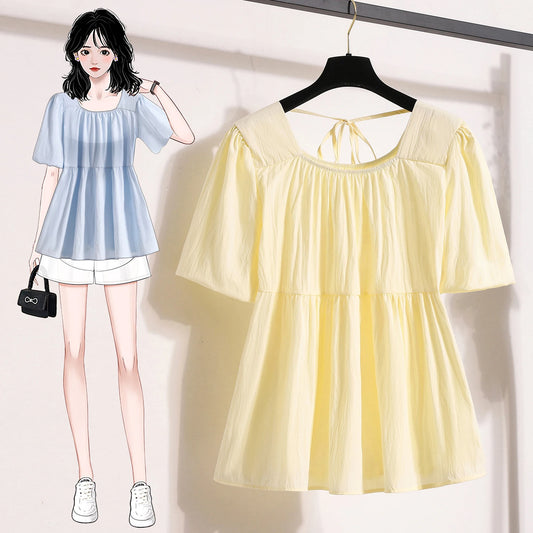 Camisas y blusas de talla grande para mujer, novedad de verano 2025, blusas de moda coreana, blusas holgadas de manga corta abullonada, tallas L-4XL.
