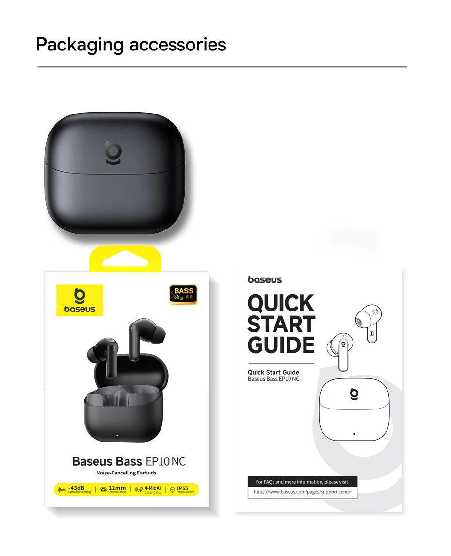 Fones de Ouvido True Wireless Baseus Bass EP10 NC – Cancelamento de Ruído ANC de -43dB, Bluetooth 6.0, Intra-auriculares, 4 Microfones com ENC