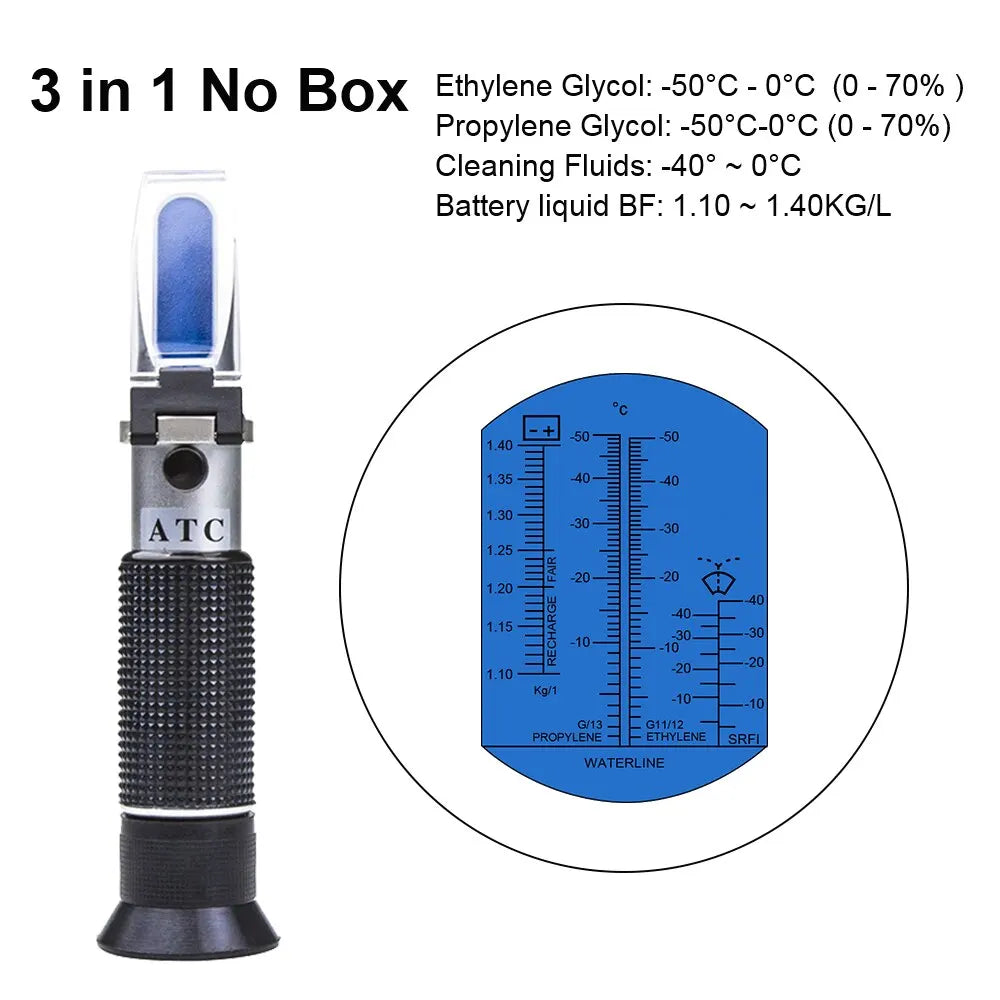 Refractómetro ATC, punto de congelación de anticongelante, comprobador de refrigerante, concentración de AdBlue, etilenglicol, refractómetro para baterías de coche
