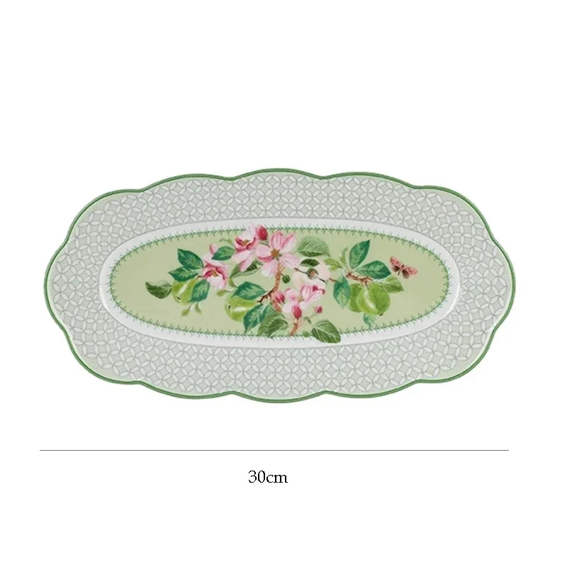 Ceramic Plate Household Bone China Dinner Plate Set Vintage Green Flower Dishes Tableware Oval Large Tray Dinnerware Sets