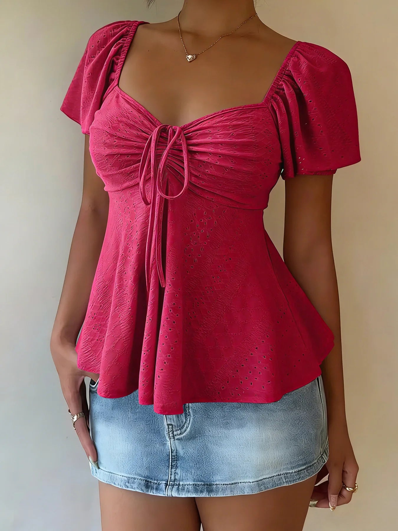2026 Women Y2k Summer Tops V-Neck Drawstring Sexy Lace Up Short Sleeve Solid Color Shirts Female Elegant Casual Fashion Blouses