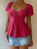 2026 Women Y2k Summer Tops V-Neck Drawstring Sexy Lace Up Short Sleeve Solid Color Shirts Female Elegant Casual Fashion Blouses