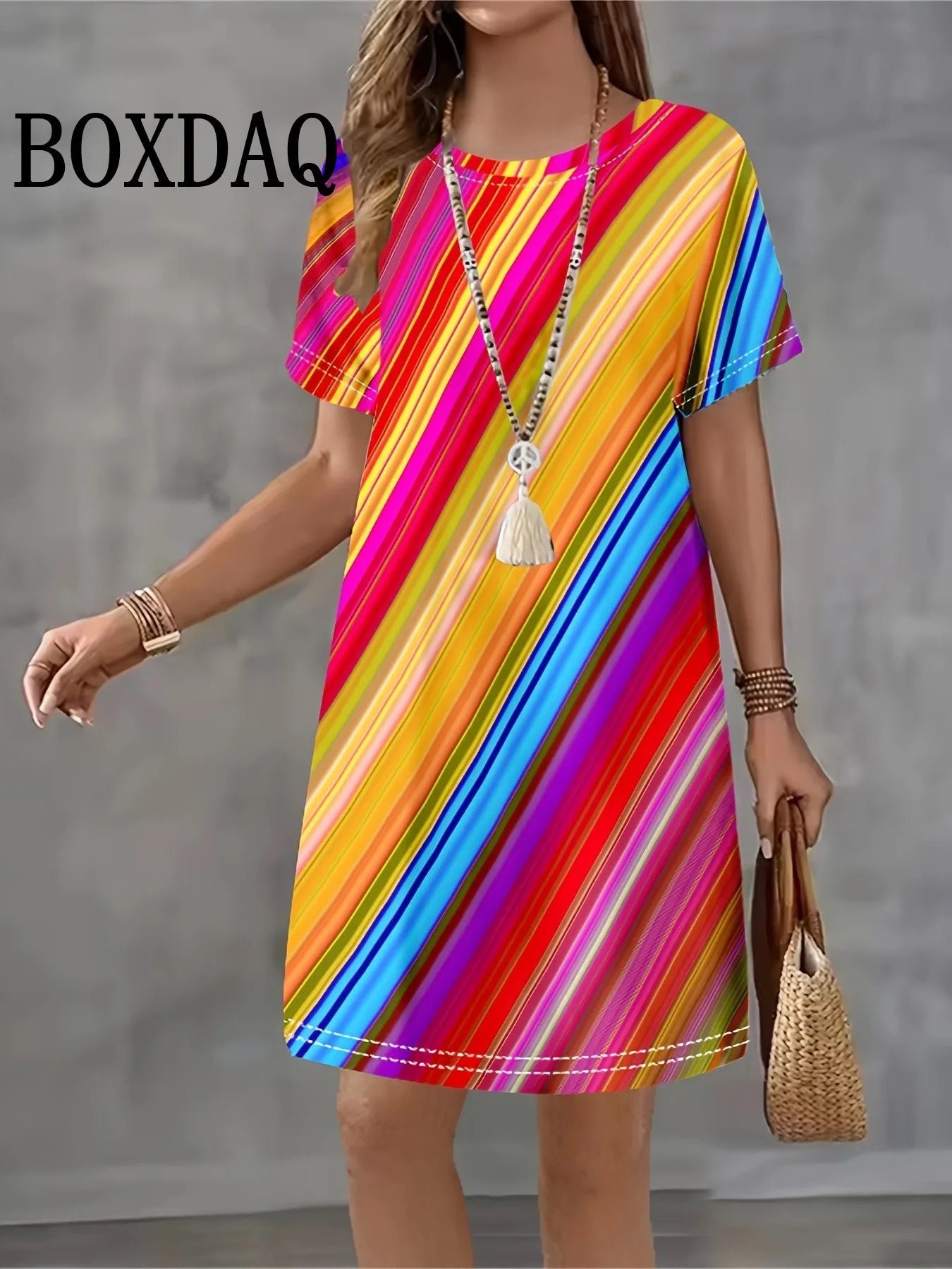 Casual Elegant Women Dresses Fashion Loose Mini Dress Short Sleeve Pullover Female Clothing Summer Striped Print Dress Plus Size