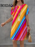 Casual Elegant Women Dresses Fashion Loose Mini Dress Short Sleeve Pullover Female Clothing Summer Striped Print Dress Plus Size