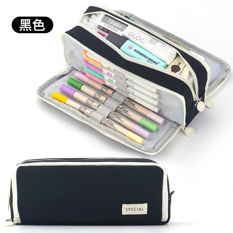 Black Pencil Pouch Stationery Holder Bag Gift Case Pen Ruler Organizer School Student Supplies Canvas Zipper Open Cosmetic Bag A