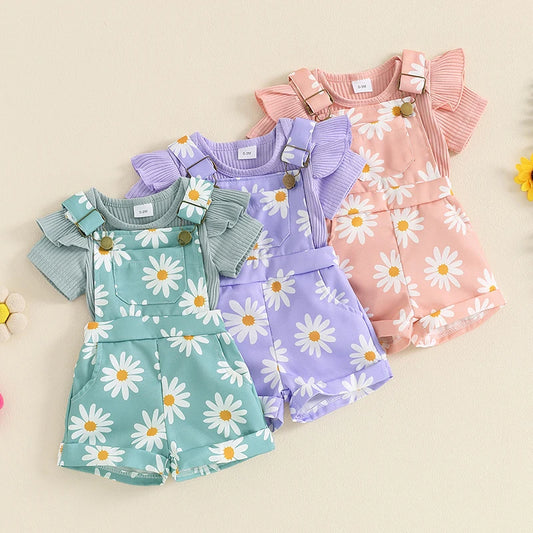 Pudcoco Infant Baby Girls Shorts Set, Short Sleeve Romper with Floral Print Suspender Shorts Summer Outfit 0-18M