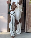 2-Piece Printed Slanted Neck Batwing Sleeve Top and Casual Loose Straight Leg Pants Set for Women's Summer Elegance 2-Piece Set