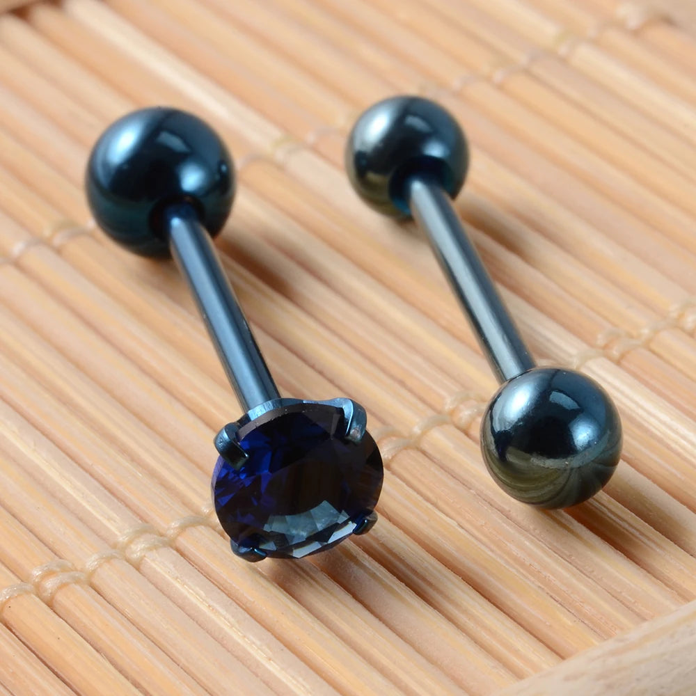 2 piercings de lengua de acero quirúrgico antialérgicos con circonitas y bola, joyería de moda.