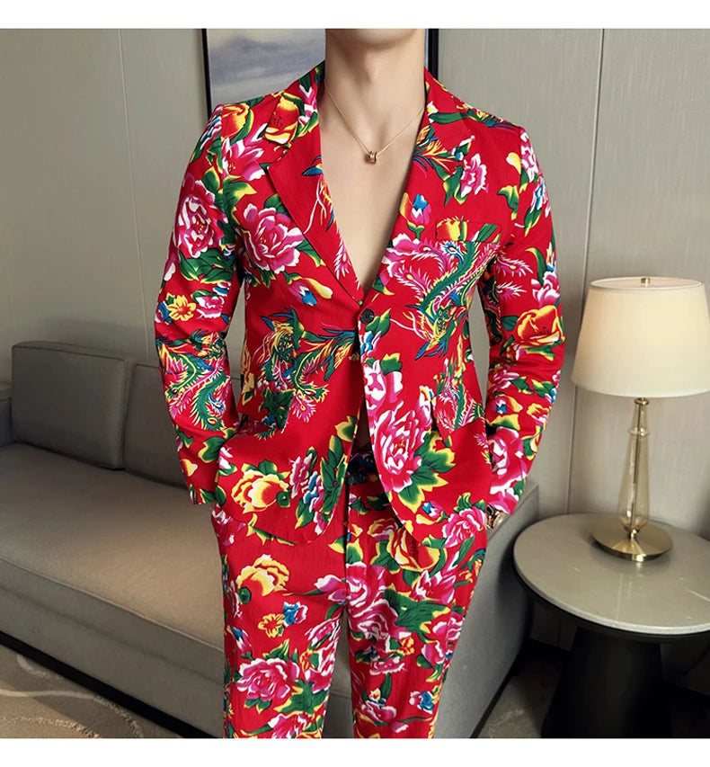 Men Suit 2 Piece Fashion Party Mens Vintage Print Big flower in northeast China Suits Jacket Pants Men Sets