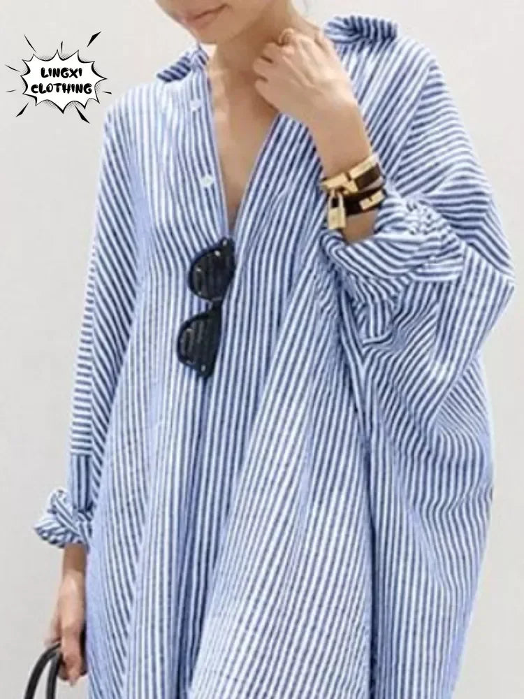 Plus size novo vestido feminino moda listra único breasted camisa solta estilo casual elegante feminino algodão cânhamo vestido longo