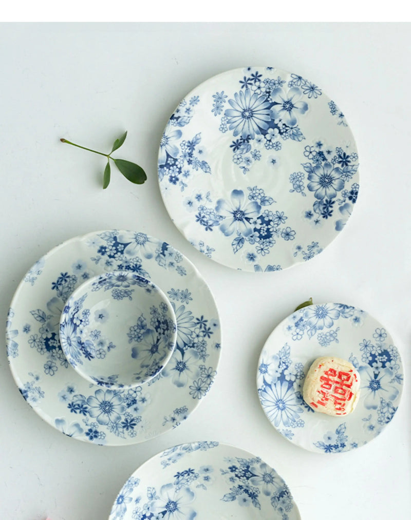 Household Ceramic Tableware Set Japanese Style Simple Restaurant Sushi Plate Circular Flower Patterns Fruit Plates