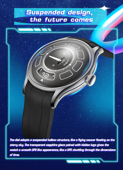 OBLVLO BLM-UFO Unique UFO-Shaped Automatic Watch with Luminous Silicone Strap And Steel Bracelet Waterproof Mechanical Timepiece
