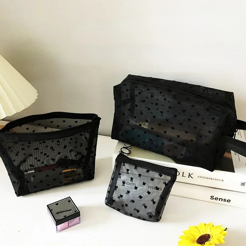 Heart-Shaped Nylon Mesh Cosmetic Bag Portable Toiletry Organizer for Women Makeup Storage