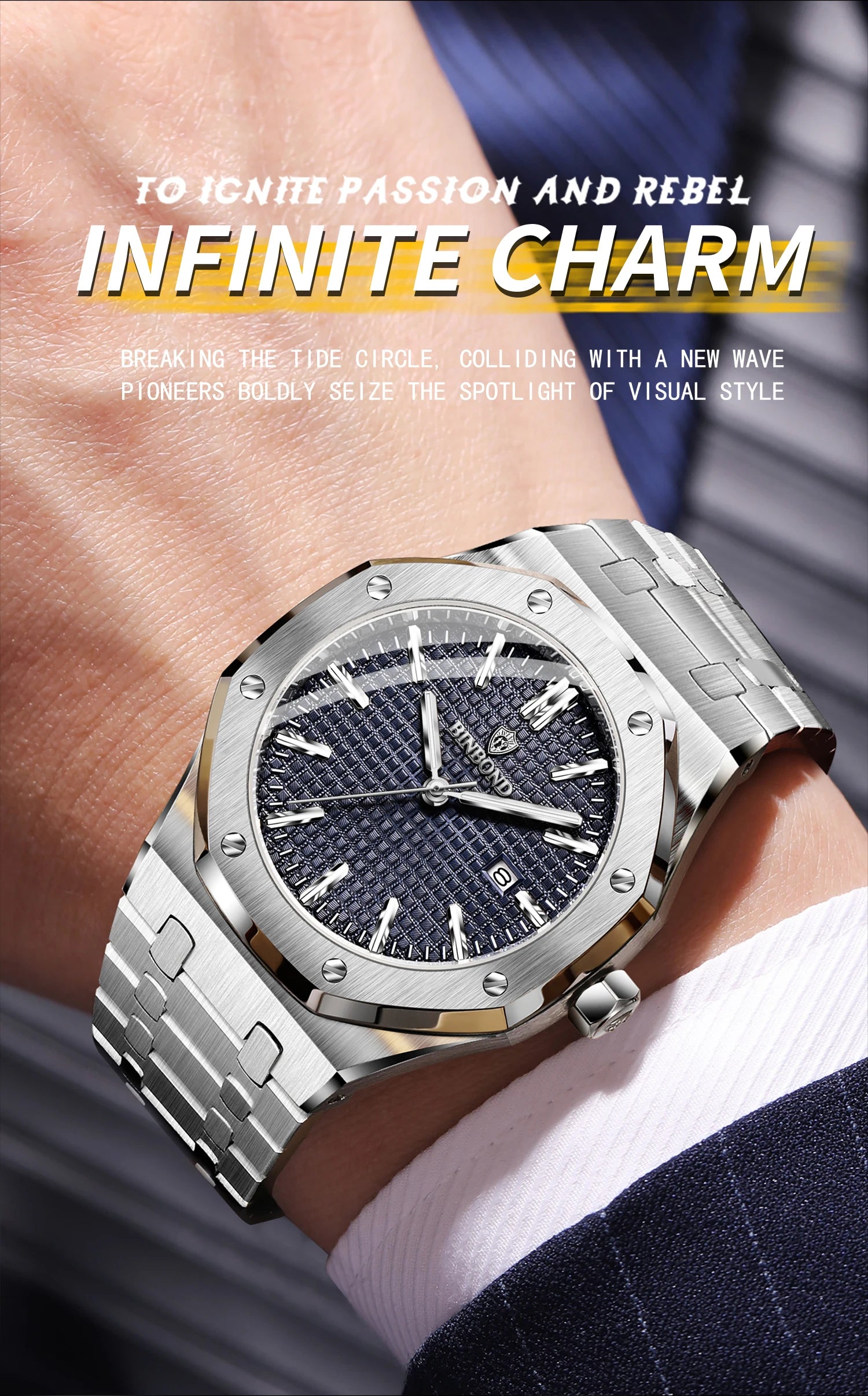 BINBOND Sturdy Stainless Steel Strap Quartz Wristwatches for Men Luxury Luminous Waterproof Auto Date Accurate Men's Watch Reloj