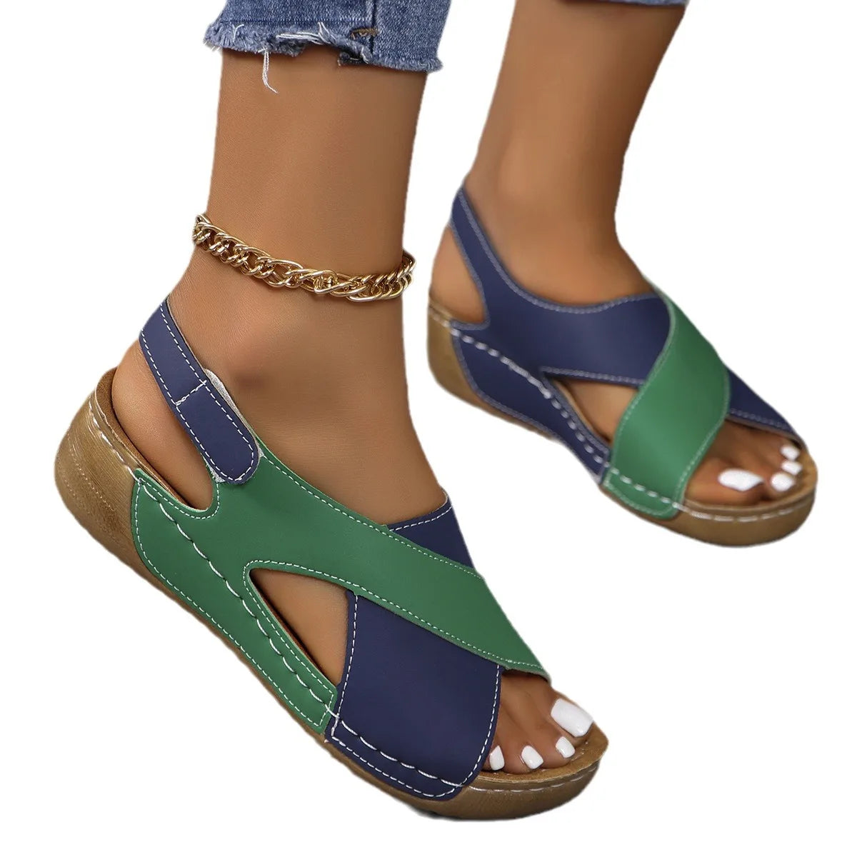 New Women's Contrast Color Wedge Sandals Summer Peep Toe Non Slip Beach Shoes Woman Comfortable Platform Roman Sandalias Mujer