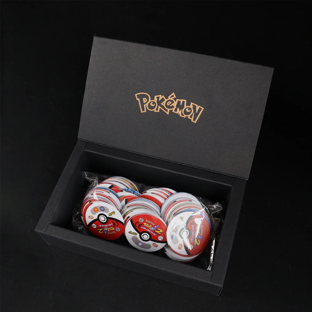 Caja de 100/160 tazos de Pokémon de 1.ª y 2.ª generación, colección de cartas redondas y cuadradas 3D, álbum de entrenadores, Pogs, Cheetos, Chipitaps