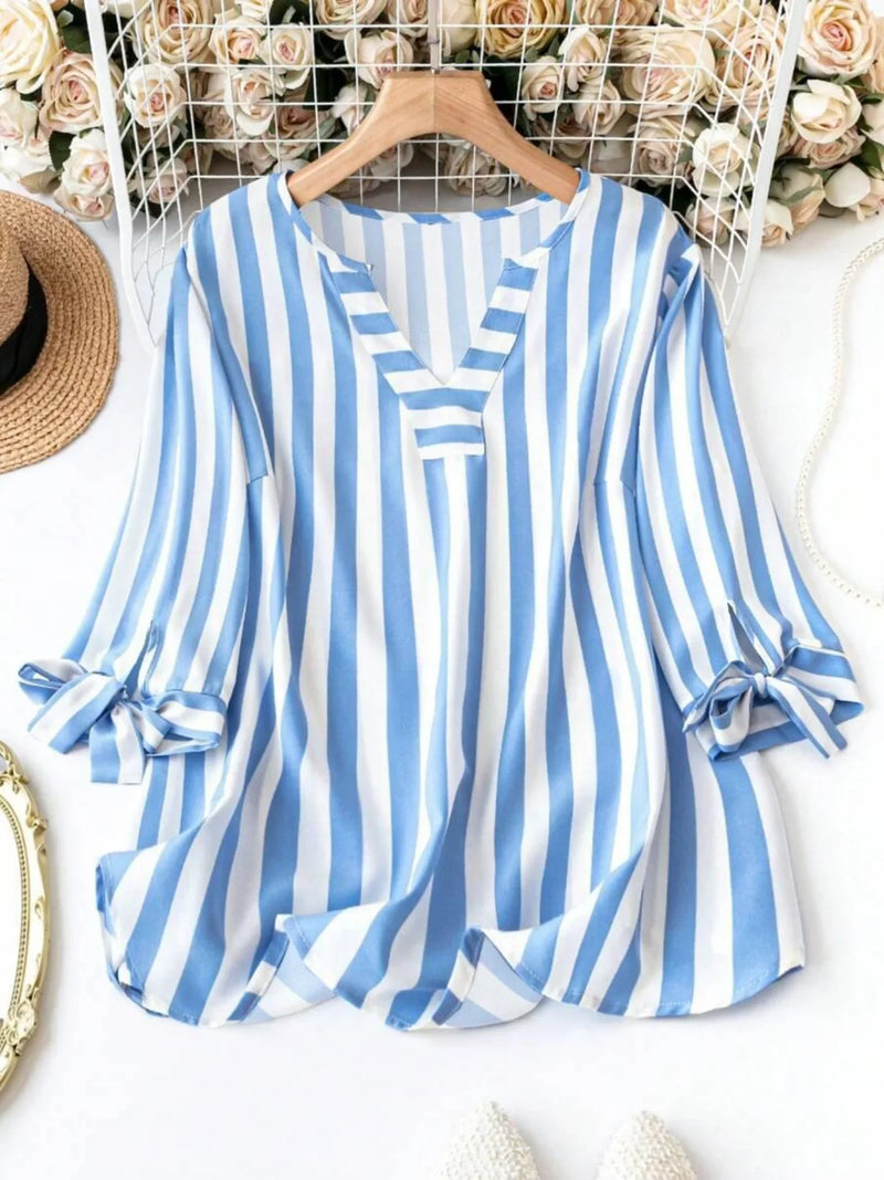 Plus Size Woman Fashion Spring Plaid T-shirt V-neck Jumper Light Breathable Tops European and American Style Beach Travel Clothe