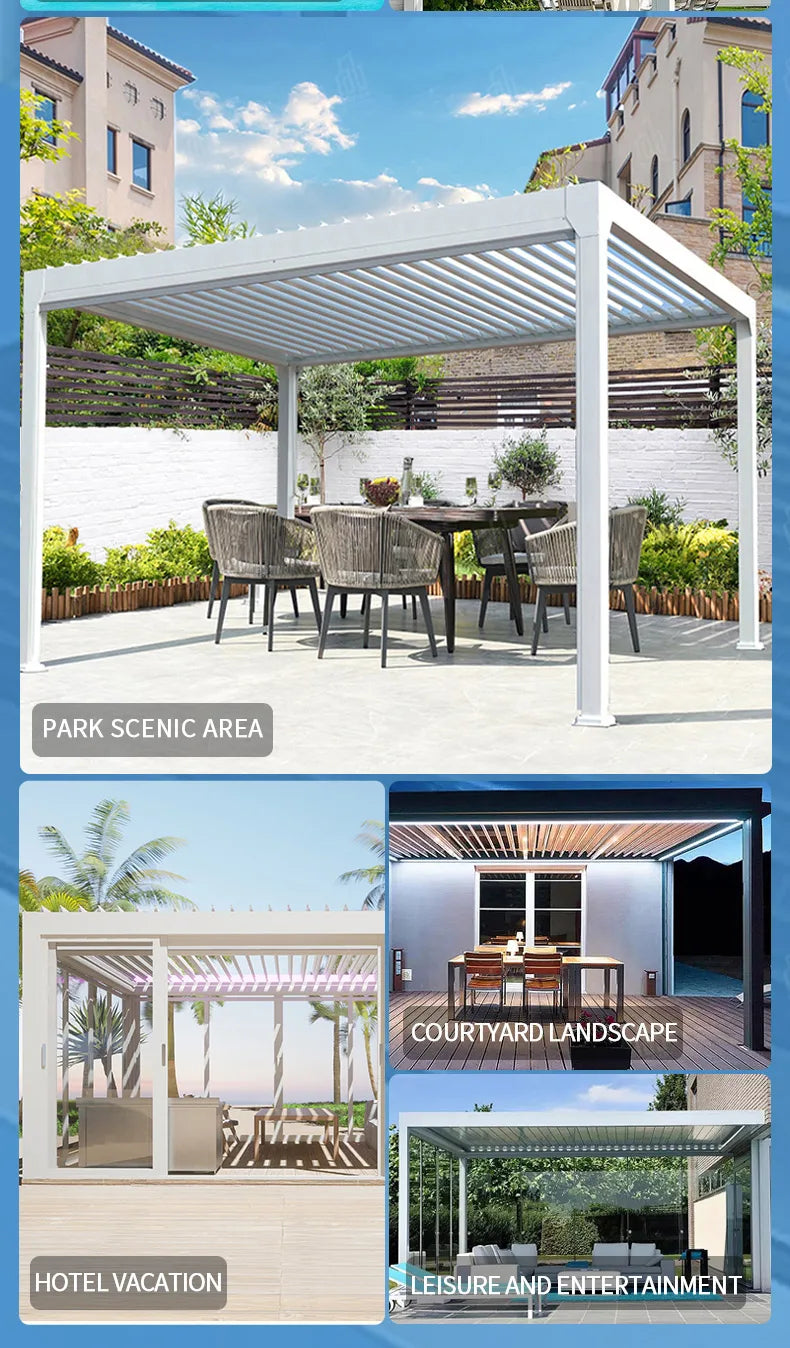 Sistema de toldo de techo de pérgola de vidrio retráctil de aluminio con apertura motorizada y cubierta eléctrica ajustable para terraza. Techo de pérgola para exteriores.