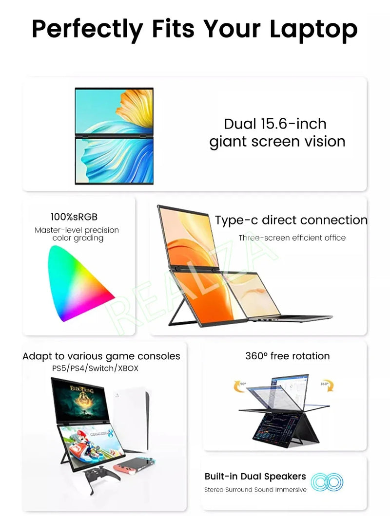 2025 15.6 Dual Screen 1920*1080P 60Hz Touch/Non-Touch Portable Monitor IPS Low Blue Light Eye Protection 360° Folding Drive-free